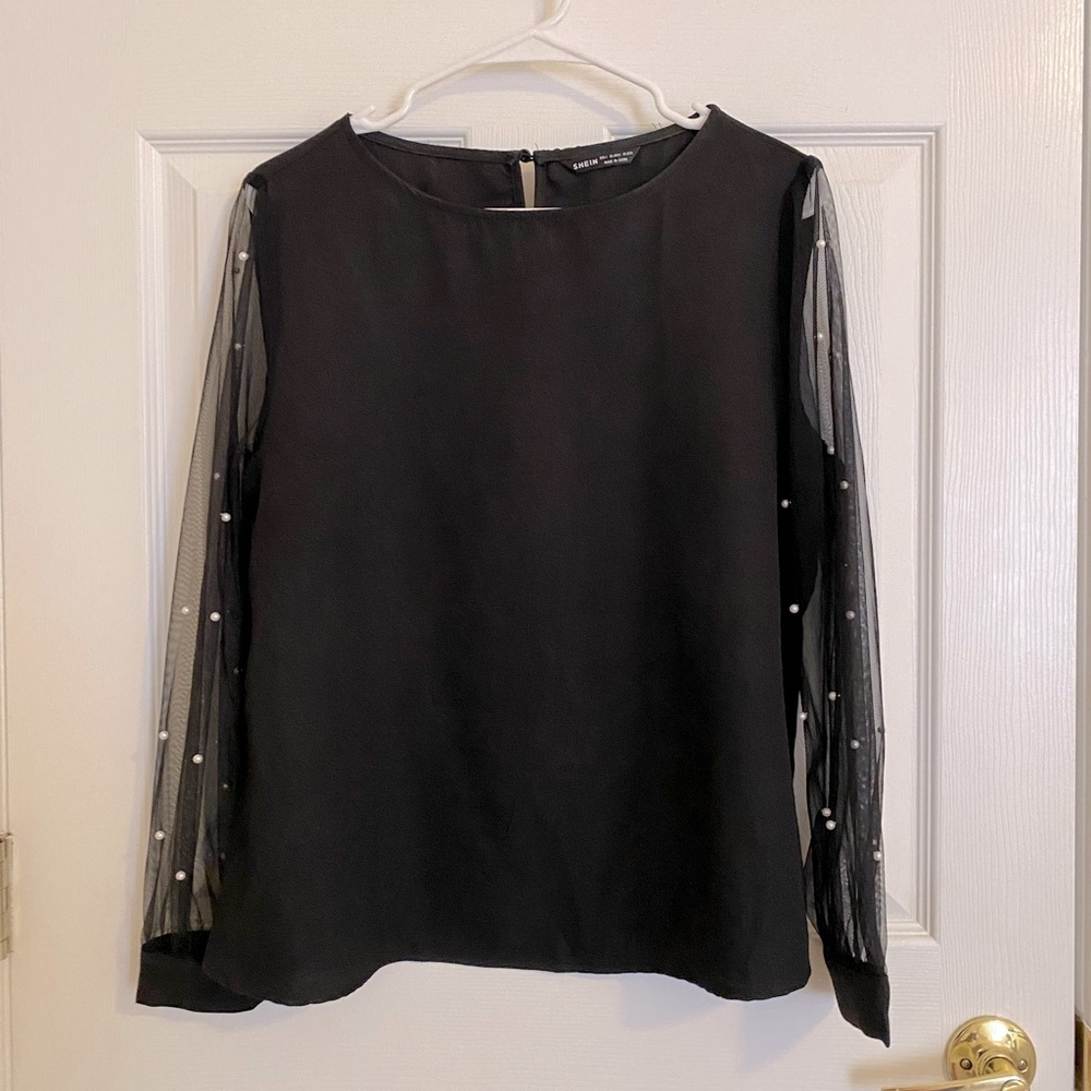 SHEIN Pearl Mesh Sleeve Top
